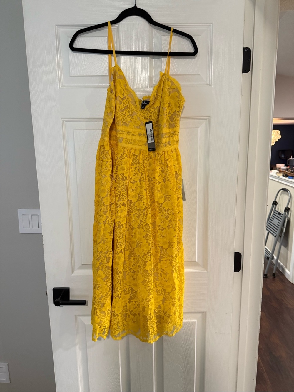 Lulu's Sunny Yellow Lace Spaghetti-Strap Midi Dress